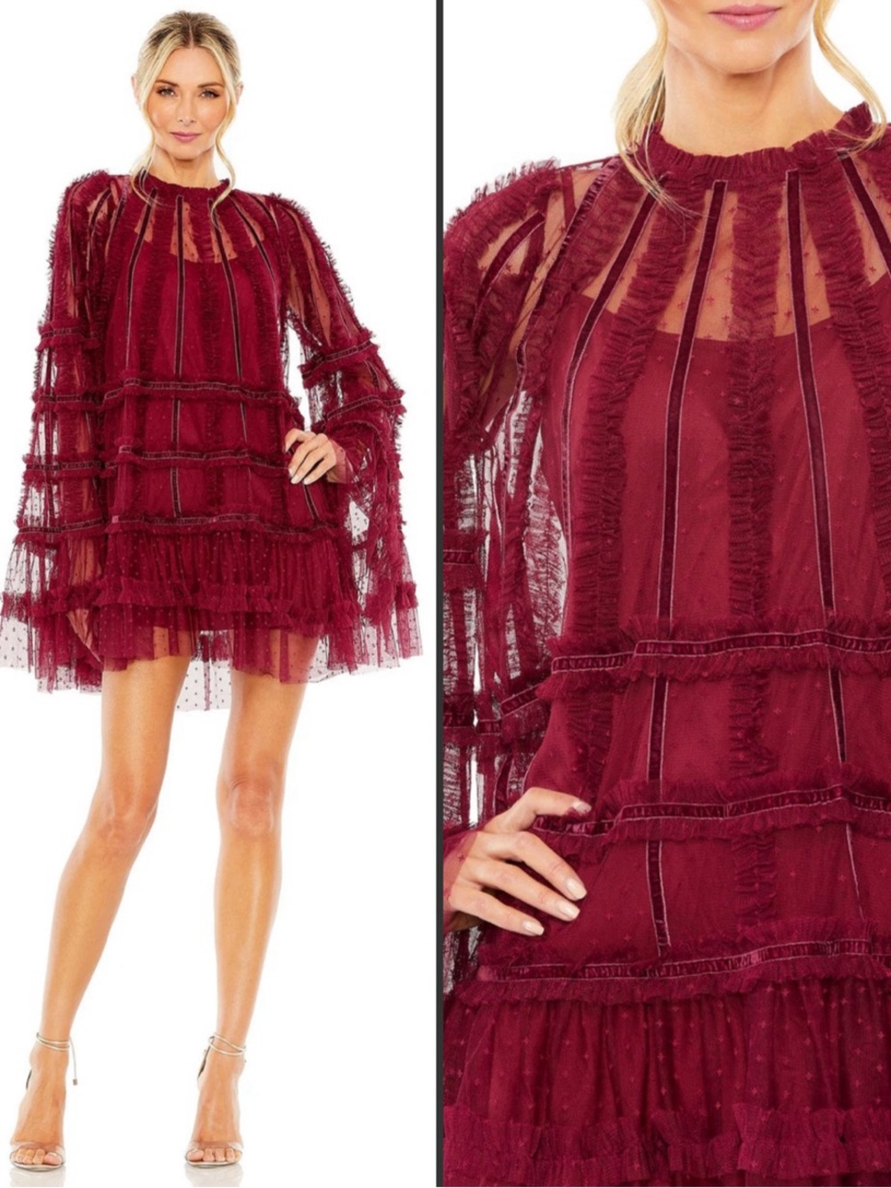 NWT MAC DUGGAL 8053 Red High Neck Ruffle Bell Sleeve Trapeze Dress Size 4
